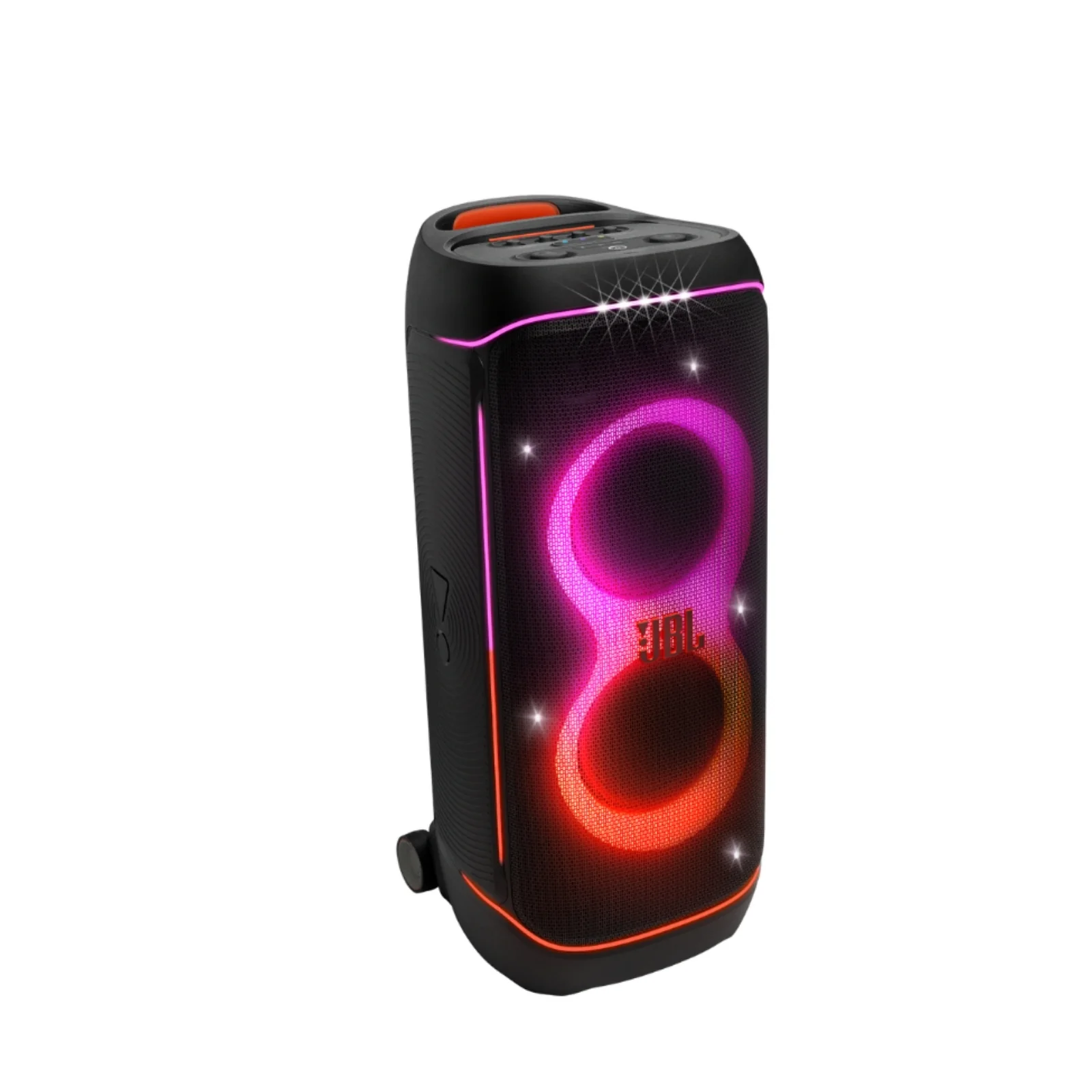 Černý párty reproduktor PartyBox 710 se zapnutými barevnými LED kruhy